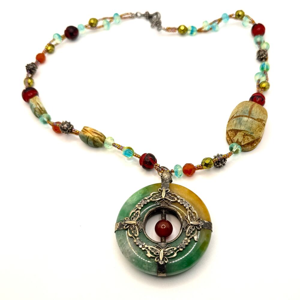 Vintage 90s Bi-color Jade Butterfly Filigree Scarab Statement Necklace